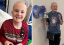 Finley Hill in hospital at Christmas, 2022, left, and ringing the bell after treatment, right.