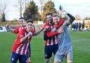 Bromsgrove Sporting players celebrate their win at Hitchin Town