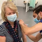 Leader of Bromsgrove District Council Karen May receiving her first Covid vaccination at The Artrix in Bromsgrove