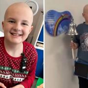 Finley Hill in hospital at Christmas, 2022, left, and ringing the bell after treatment, right.
