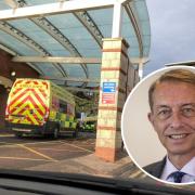 CONCERNED: Ambulance queues outside Worcestershire Royal Hospital; inset: hospital trust chief executive Matthew Hopkins