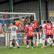 Aaron Roberts scores the equaliser in added timefor Bromsgrove Sporting against Chelmsford City