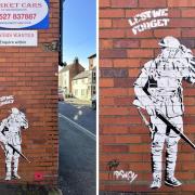 Street art depicting a soldier in Worcester Road, Bromsgrove, found on Remembrance Sunday 2023