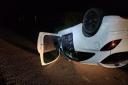 LUCKY: This Vauxhall Corsa driver had a lucky escape when their car flipped on a country road near Droitwich last night