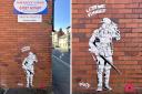Street art depicting a soldier in Worcester Road, Bromsgrove, found on Remembrance Sunday 2023
