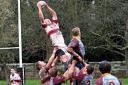 LIFT OFF: Back row forward Nick Wright demonstrates Bromsgrove's dominanace in the line-out on Saturday. Ref: MF00096