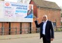 Bromsgrove MP, Sajid Javid with jobs fair banner.