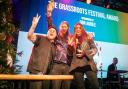 From left to right: Thom Rylance from the Lottery Winners with festival directors Jay McGuire and Stacey Roberts