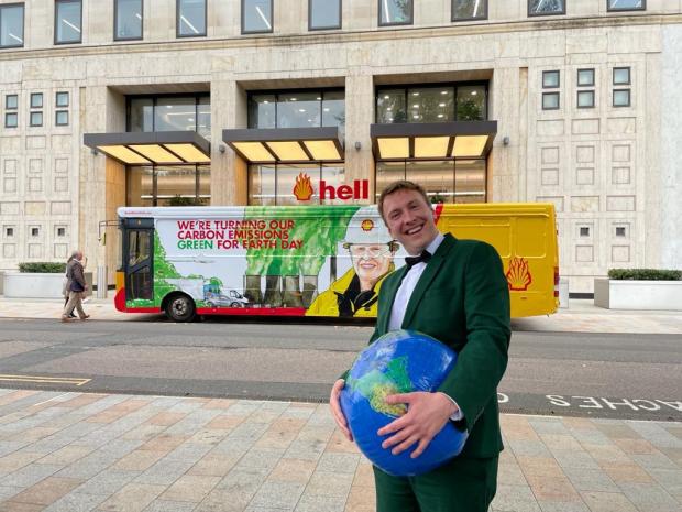 Bromsgrove Advertiser: Joe Lycett outside of Shell's Headquarters in London, perfoming a stunt as part of his documentary Joe Lycett vs The Oil Giant, which explores the energy company, its marketing and its exploration for new oil reserves. Photo via PA.
