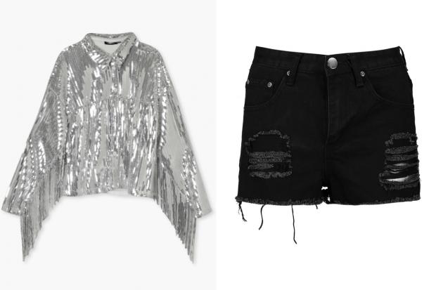 Bromsgrove Advertiser: (Left) Sequin Fringe Detail Shirt and (right) Petite High Rise Distressed Denim Shorts (Boohoo/Canva)