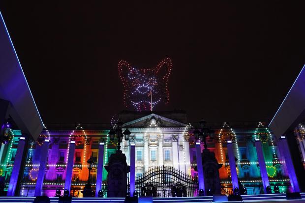 Drone show displaying a corgi during the Platinum Party at the Palace staged in front of Buckingham Palace, London.