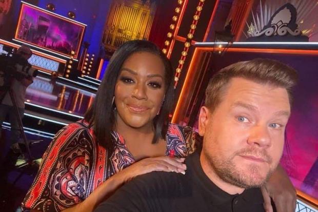 Alison Hammond with James Corden in the dress designed and made by Paul Burbridge, of Halesowen.