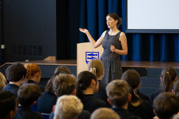 Chippenham MP Michelle Donelan addresses an assembly at St Laurence School in Bradford on Avon