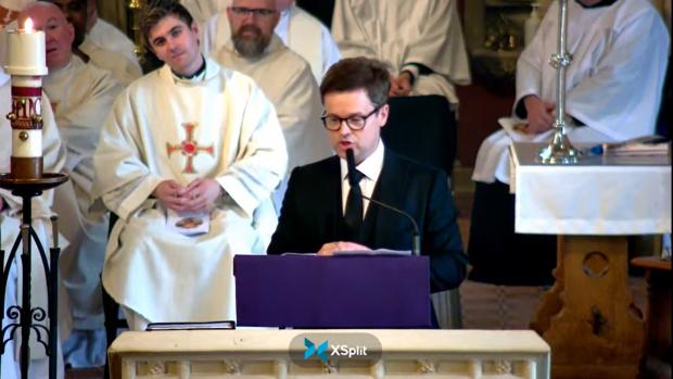 Bromsgrove Advertiser: Declan Donnelly at his brother Dermott's funeral at St Mary's Cathedral. Picture: YOUTUBE