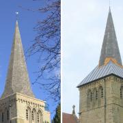 (left) Before and (right) after restoration works to the tower at St Michael and All Angels Church. Images/ Jill Howe.