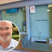 A closed ticket office and (inset) Cllr Tom Wells