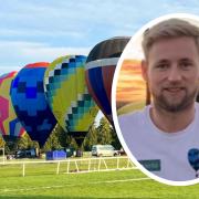TRAGEDY: Peter Gregory (inset) and the launch of the hot air balloons at Worcester Racecourse (Mr Gregory's balloon is second in from the left)