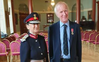 Roy Starkey was presented his medal by the Lord Lieutenant of Worcestershire Beatrice Grant
